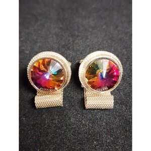 Vintage DANTE Cufflinks Watermelon Rivoli Rhinestone Gold Mesh Wrap Wraparound